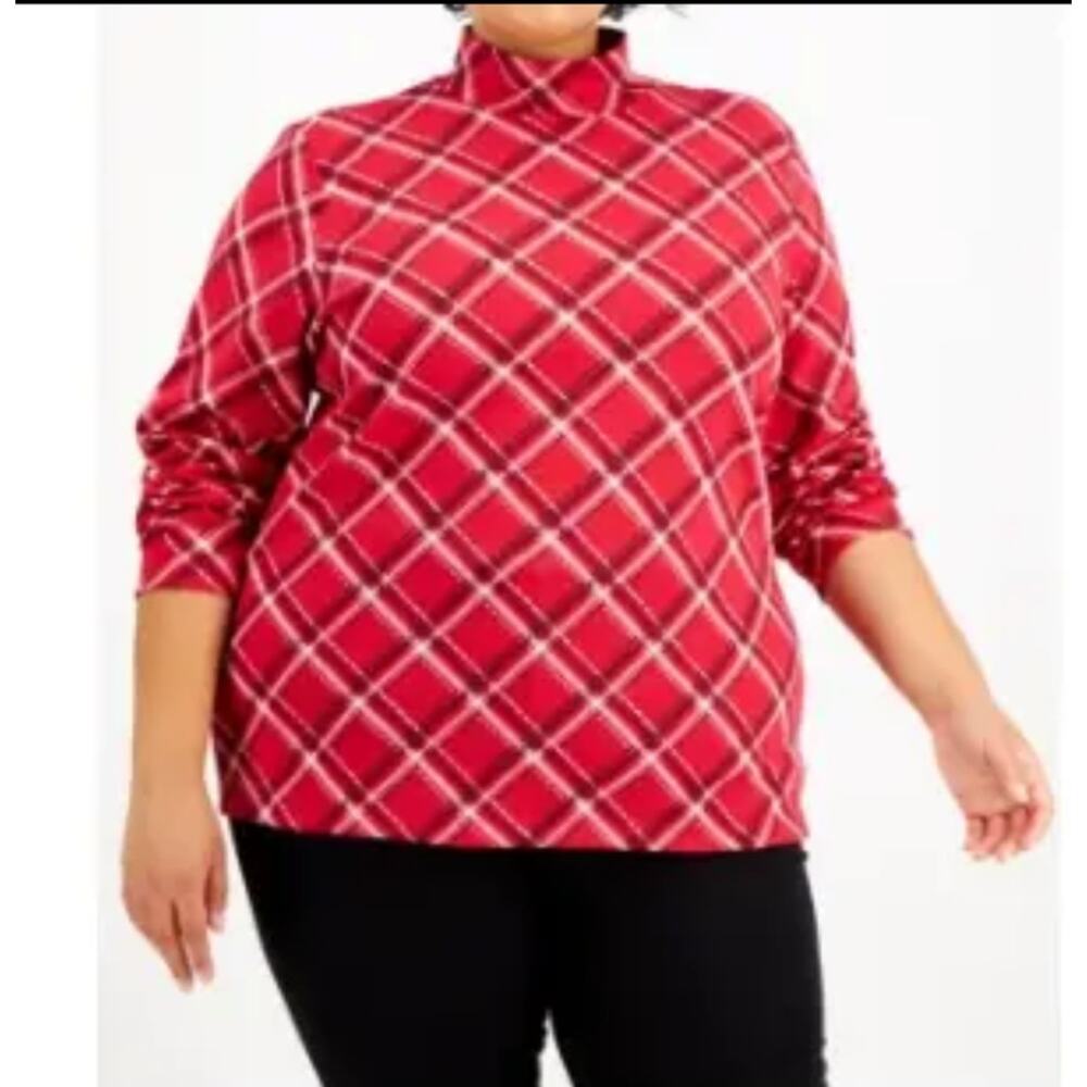 Karen Scott Plaid Mock Neck Red Amore Top - 0X